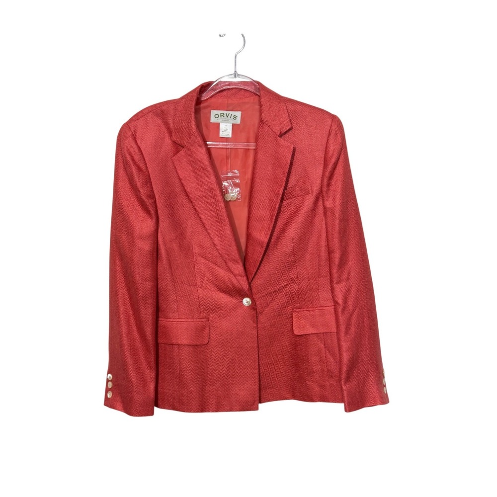 Orvis Blazer Womens 12 Coral 100% Silk Herringbone Single Button Jacket 47H442